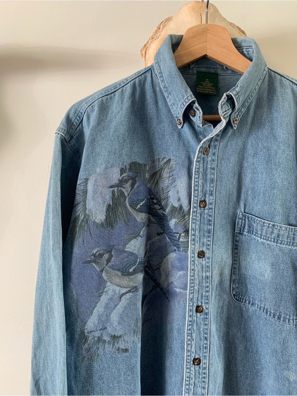 Vintage Light Wash Denim Button-Down Shirt with Bird Graphic - Picture 2 of 5